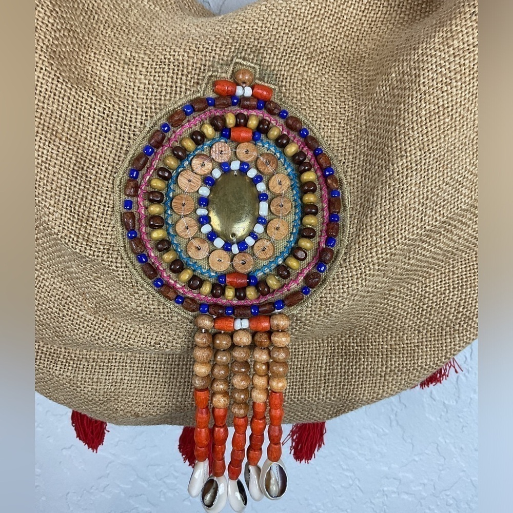 Catori Burlap Shoulder Bag Red Tassel Beads Boho Vacation - Picture 6 of 12